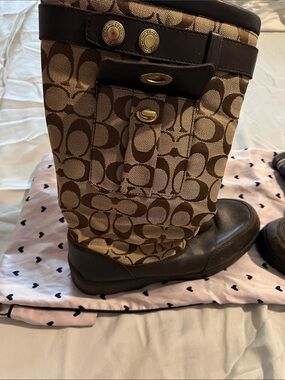 Coach Brown Signature Monogram Tall Boots with Gold Hardware